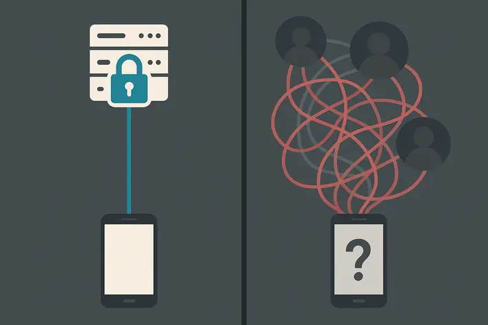 To visually explain the difference and benefit of a 'direct website' (เว็บตรง) versus a website that uses agents, highlighting security and simplicity.